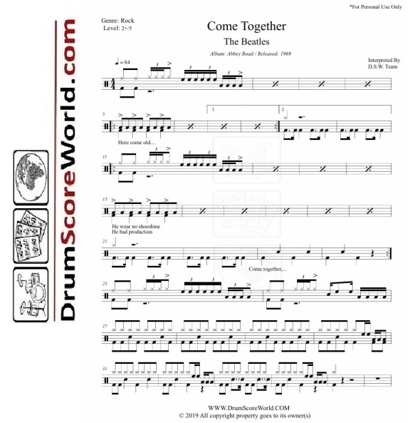 Beatles - Come Together - Drum Sheet + Play-Along Track